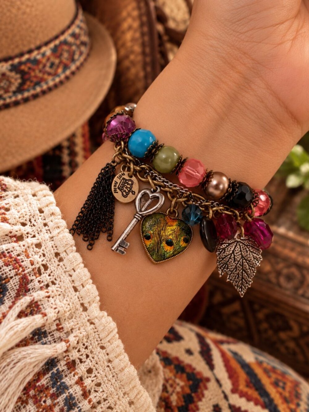 Colorful Beaded Bracelet with Tassel, Heart, Bohemian Stretch Charm Bracelet